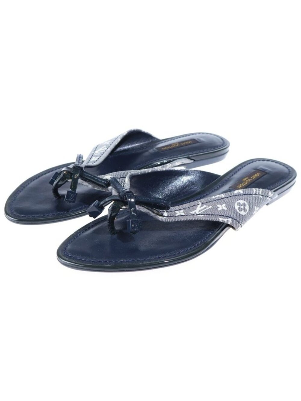 Louis Vuitton Mini Canvas Ribbon Logo Charm Tongs Flat Sandals Navy